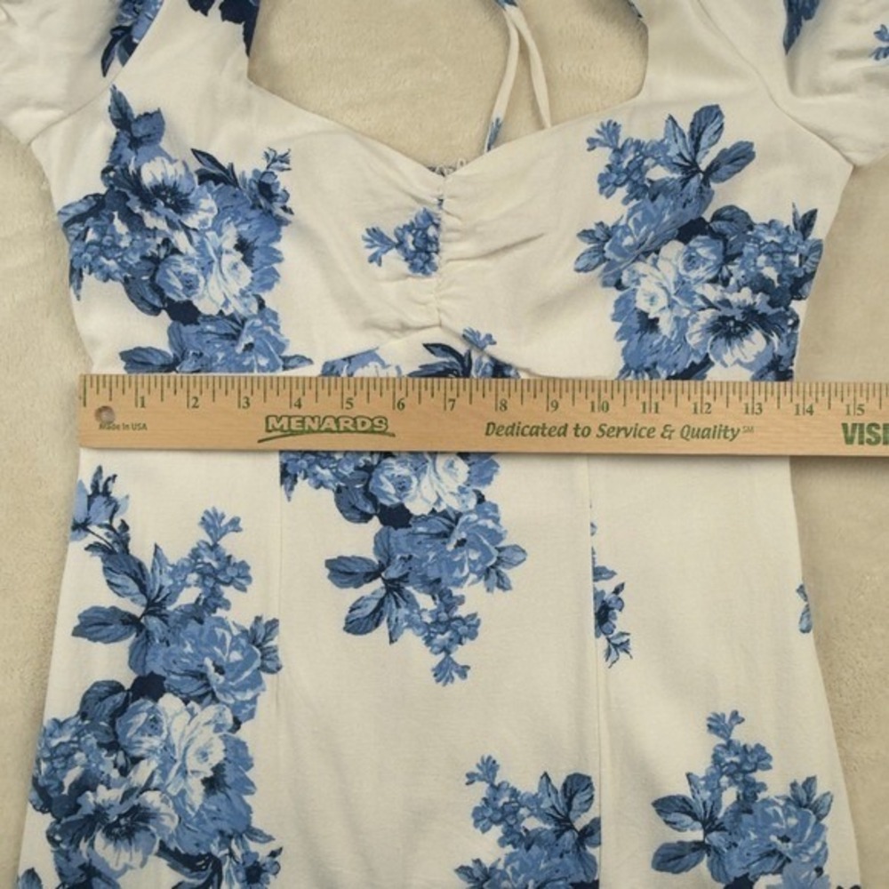 Linen Blend Blue Floral Puff Sleeve Midi Dress Cottagecore Milkmaid Garden Party - Picture 5 of 8